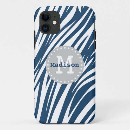 Blue White Grey Zebra Striped Monogram iPhone 11 Case