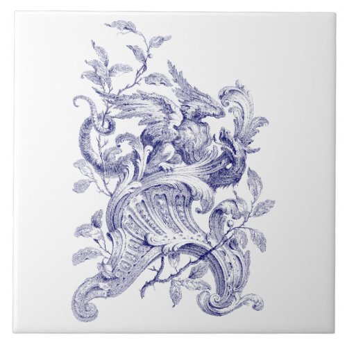 Blue  White Griffin On Rocaille Baroque Rococo Ceramic Tile