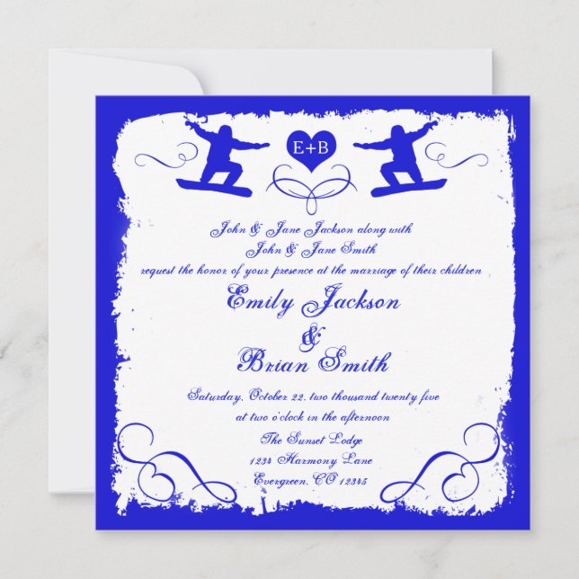 Blue white grunge snowboarder wedding invitations (Front)