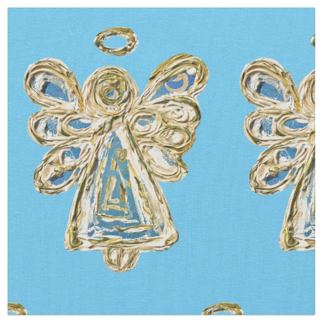 Blue White Guardian Angel Art Fabric Material (Close Up)