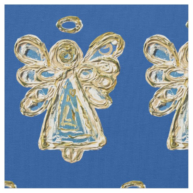 Blue White Guardian Angel Art Fabric Material (Close Up)
