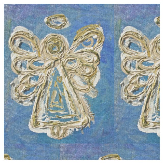 Blue White Guardian Angel Art Fabric Material (Close Up)
