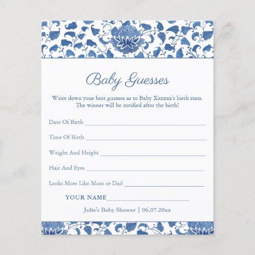 Blue White Guess Baby Birth Stats Shower Game Card