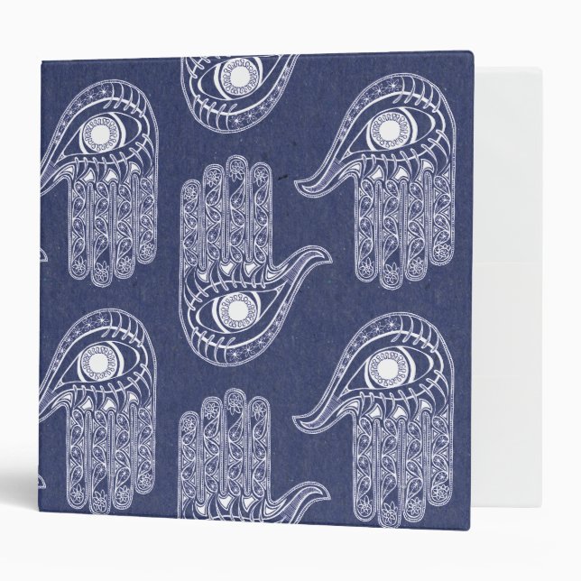 Blue & White Hamsa Hand Pattern / Evil Eye Defense 3 Ring Binder (Front/Inside)
