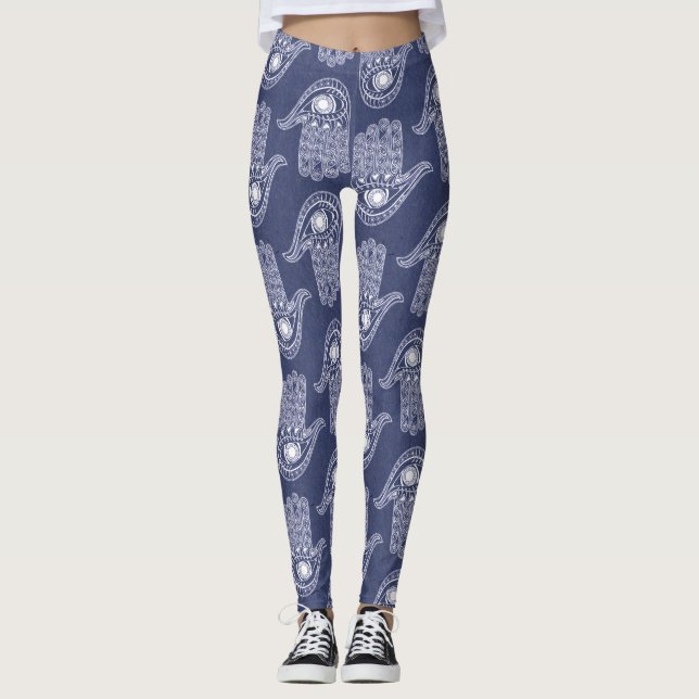 Blue & White Hamsa Hand Pattern / Evil Eye Defense Leggings (Front)