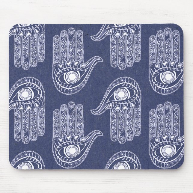 Blue & White Hamsa Hand Pattern / Evil Eye Defense Mouse Pad (Front)
