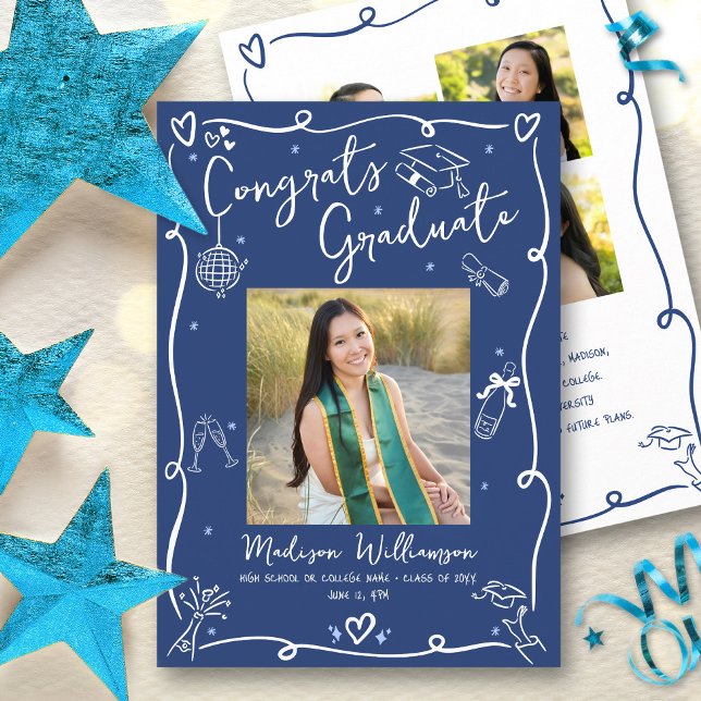 Blue White Hand Drawn Doodles Graduation 4 Photo Announcement (Creator Uploaded)