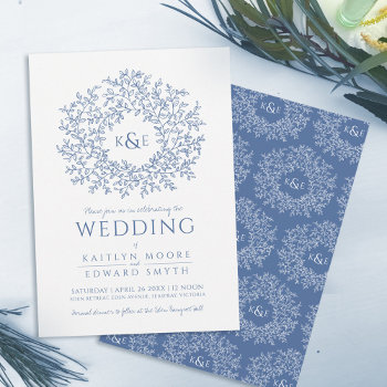 Blue White Hand Drawn Leaf Monogram Art Wedding Invitation by mylittleedenweddings at Zazzle