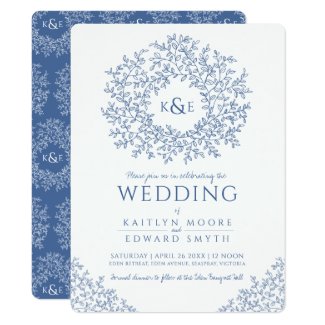 blue white hand drawn leaf monogram art wedding invitation