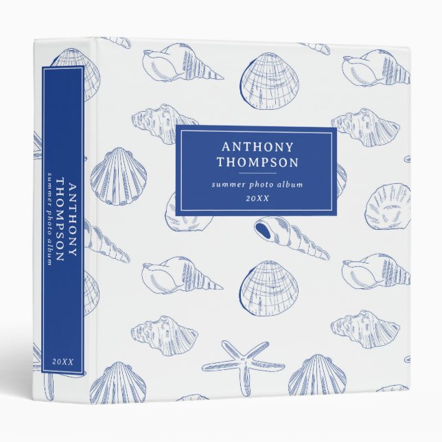 Blue White Hand Drawn Sea Shells Beach Summer  3 Ring Binder (Front/Spine)