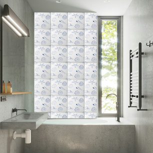 Blue White Hand Drawn Sea Shells Beach Summer Ceramic Tile