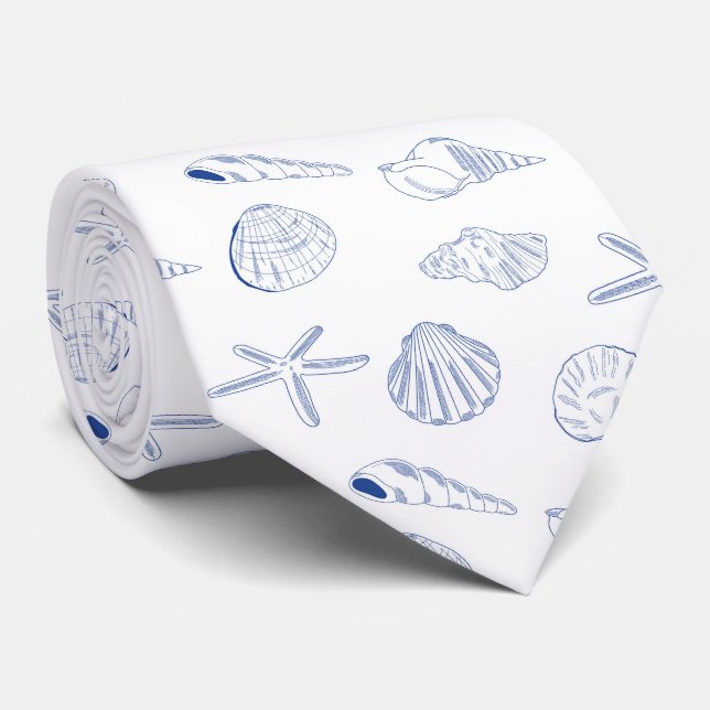 Blue White Hand Drawn Sea Shells Beach Summer  Neck Tie (Rolled)
