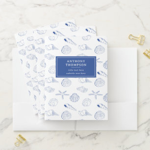 Blue White Hand Drawn Sea Shells Beach Summer Pocket Folder