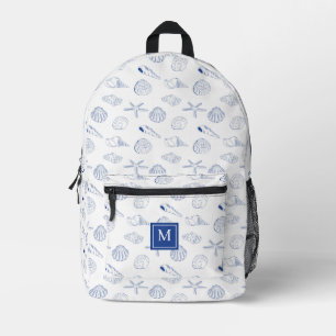Blue White Hand Drawn Sea Shells Beach Summer Printed Backpack
