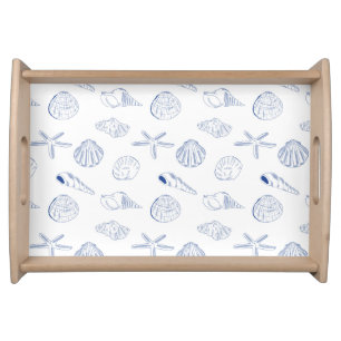 Blue White Hand Drawn Sea Shells Beach Summer  Serving Tray