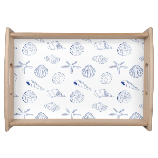 Blue White Hand Drawn Sea Shells Beach Summer  Serving Tray (Front)