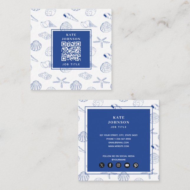 Blue White Hand Drawn Sea Shells Beach Summer  Square Business Card (Front/Back)