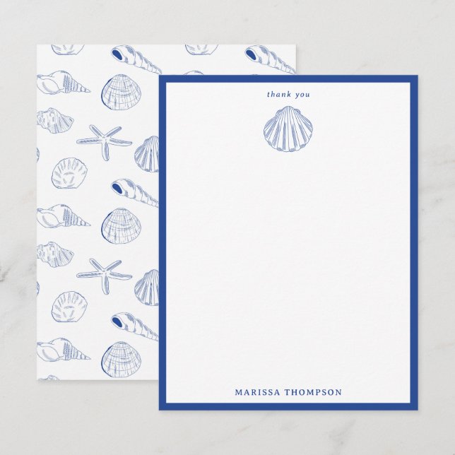 Blue White Hand Drawn Sea Shells Beach Summer  Thank You Card (Front/Back)
