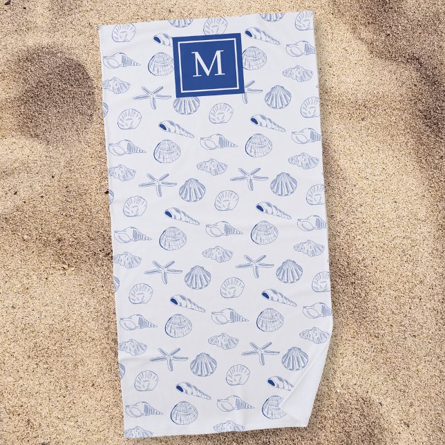 Blue White Hand Drawn Sea Shells Beach Summer  Towel (Blue White Hand Drawn Sea Shells Beach Summer Beach Towel)