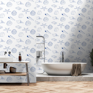 Blue White Hand Drawn Sea Shells Beach Summer  Wallpaper
