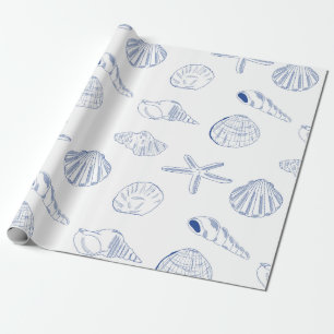 Blue White Hand Drawn Sea Shells Beach Summer Wrapping Paper