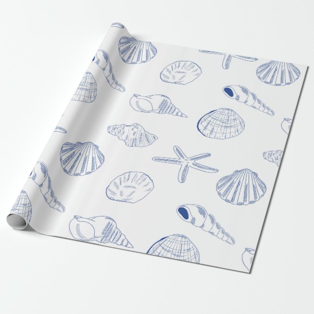 Blue White Hand Drawn Sea Shells Beach Summer  Wrapping Paper (Unrolled)