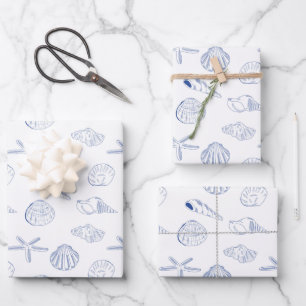 Blue White Hand Drawn Sea Shells Beach Summer Wrapping Paper Sheets