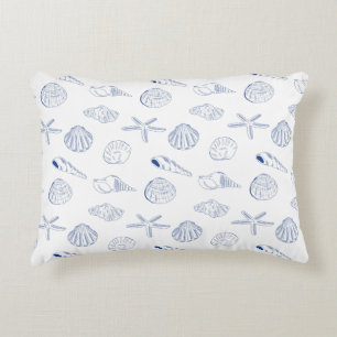 Blue White Hand Drawn Seashells Beach Summer Accent Pillow