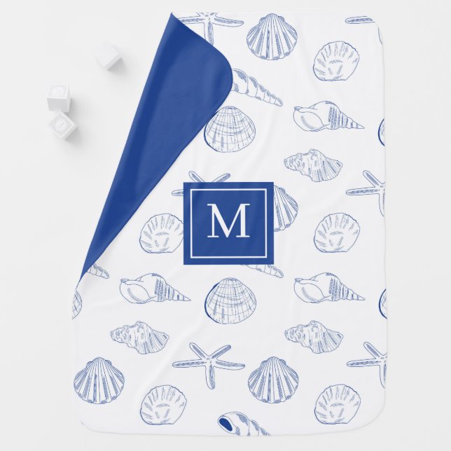 Blue White Hand Drawn Seashells Beach Summer  Baby Blanket (In Situ)