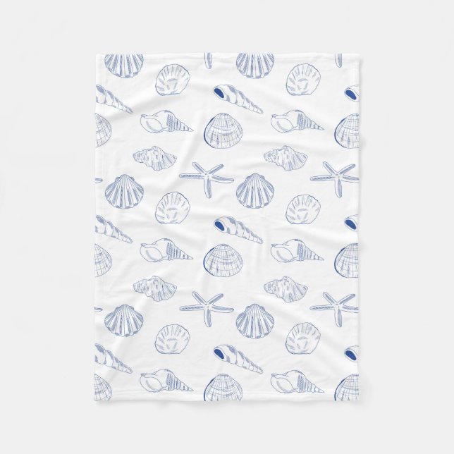 Blue White Hand Drawn Seashells Beach Summer  Fleece Blanket (Front)