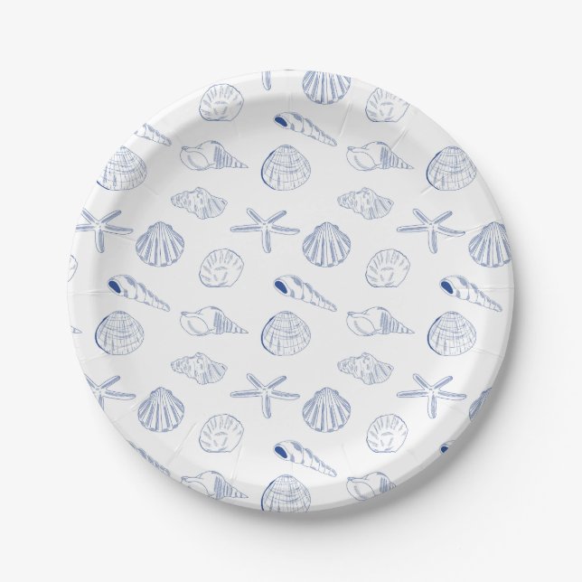 Blue White Hand Drawn Seashells Beach Summer  Paper Plates (Front)