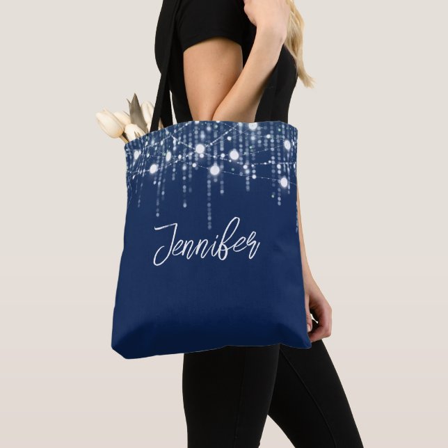 Blue & White Hanging Lights Personalized Tote Bag (Close Up)