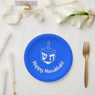 Blue White Hanukkah Dreidel Holidays Paper Plates