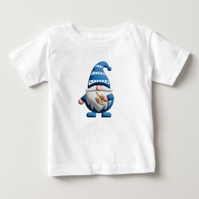 Blue White Hanukkah Gnome holding Dreidel Baby T-Shirt (Front)
