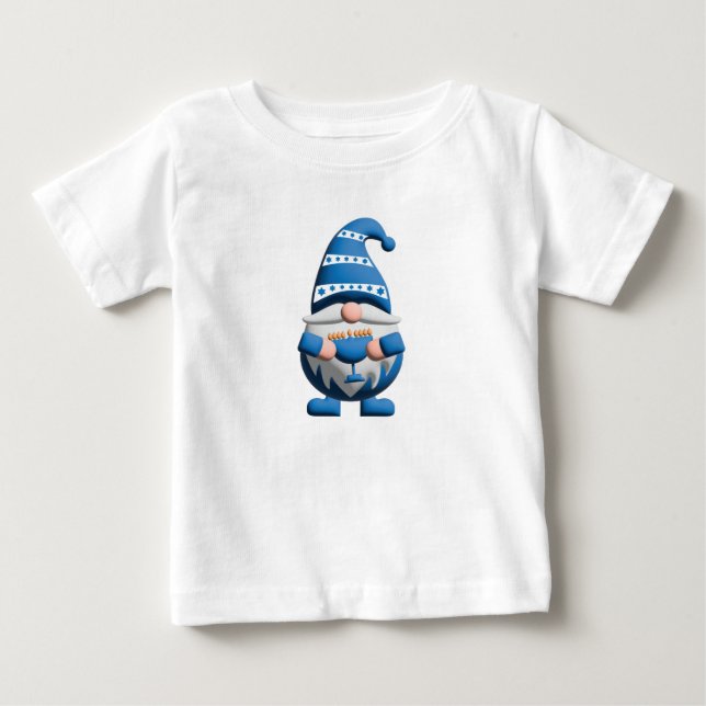 Blue White Hanukkah Gnome holding Menorah Baby T-Shirt (Front)