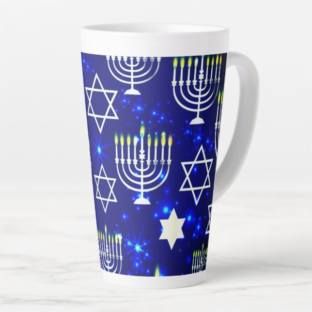 Blue & White Hanukkah Menorah Latte Mug (Right Angle)