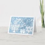 Blue & White Happy Hanukkah Collage Photo Inside Holiday Card<br><div class="desc">This beautiful card is the perfect way to wish your friends and family a Happy Hanukkah. Features a fun collage with a menorah, dreidel, and several stars of David on a pale blue background with bokeh or soft focus lights. The lettering is an elegant lacy script font. Inside there is...</div>