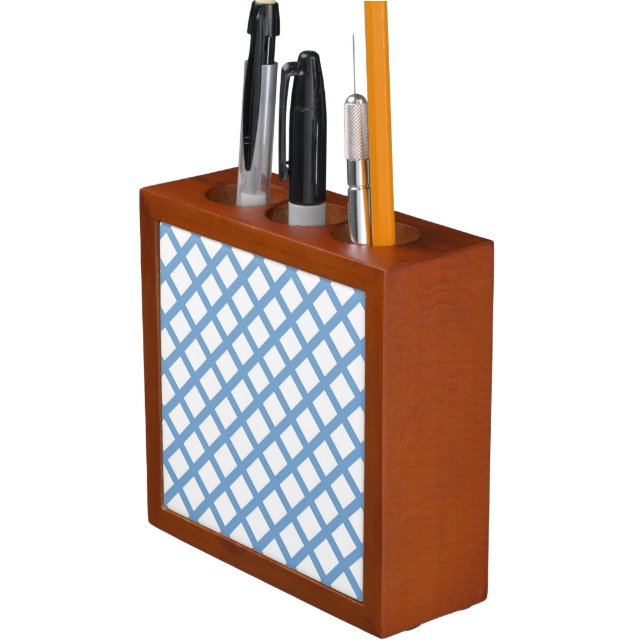 Blue White Harlequin Diamond Stripe Pattern Desk Organizer (In Situ)