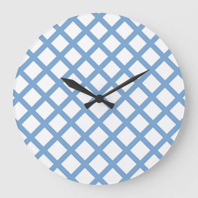 Blue White Harlequin Diamond Stripe Pattern Large Clock (Front)