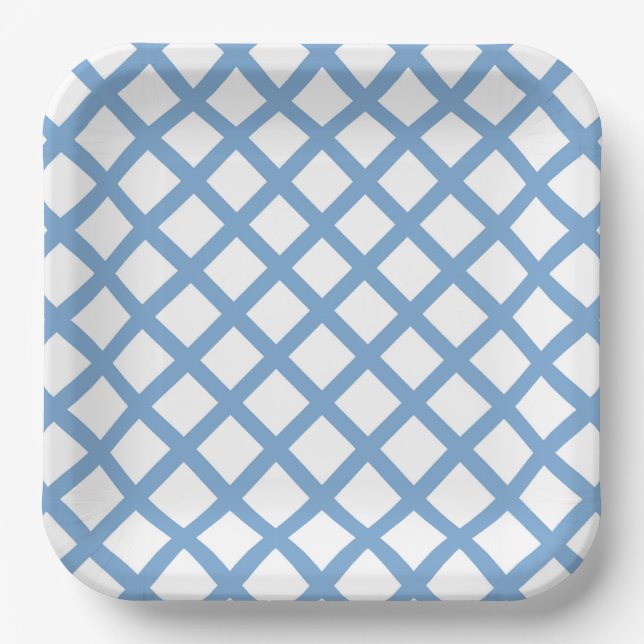 Blue White Harlequin Diamond Stripe Pattern Paper Plates (Front)