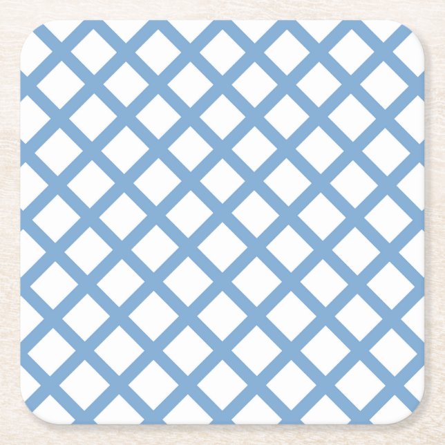 Blue White Harlequin Diamond Stripe Pattern Square Paper Coaster (Front)