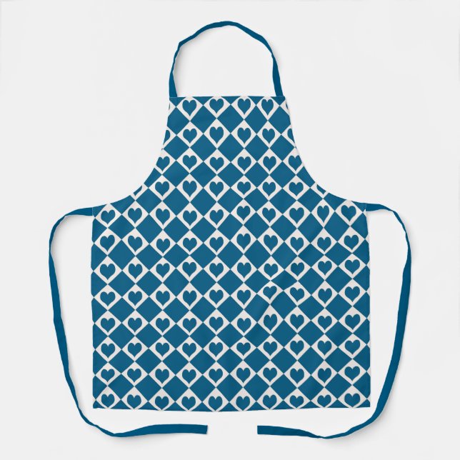 Blue White Heart Checker Pattern Apron (Front)