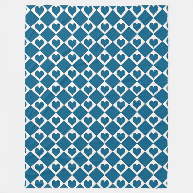 Blue White Heart Checker Pattern Fleece Blanket (Front)