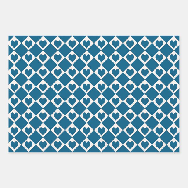 Blue White Heart Checker Pattern Wrapping Paper Sheets (Front)