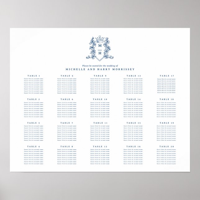 Blue white heart crown wedding 20 table poster (Front)