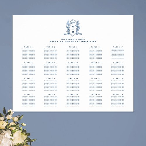 Blue white heart crown wedding 20 table poster