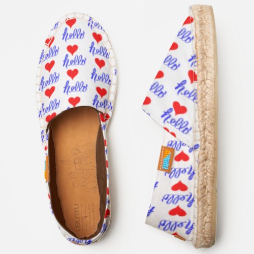 Blue White Hello Red Hearts Pattern Espadrilles