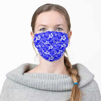Blue & White Hibiscus Flowers Adult Cloth Face Mask by JLBIMAGES at Zazzle