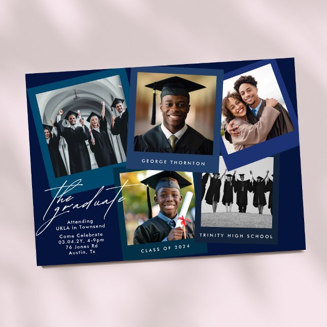 Blue White High School COLLAGE Photo Graduation Announcement (Creator Uploaded)