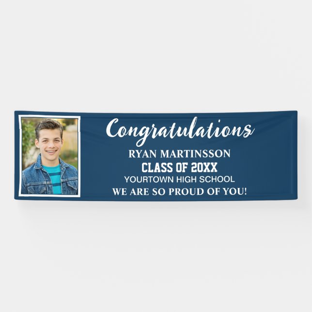 Blue White High School College Graduation Photo Banner (Horizontal)